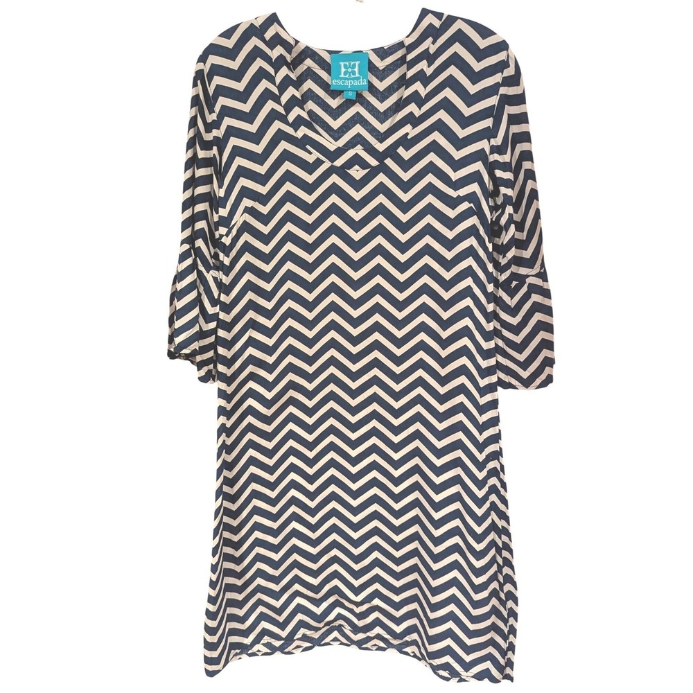 Escapada Navy Blue White Chevron V-Neck Shift Dress Bell Sleeve‎ Size S Rayon
